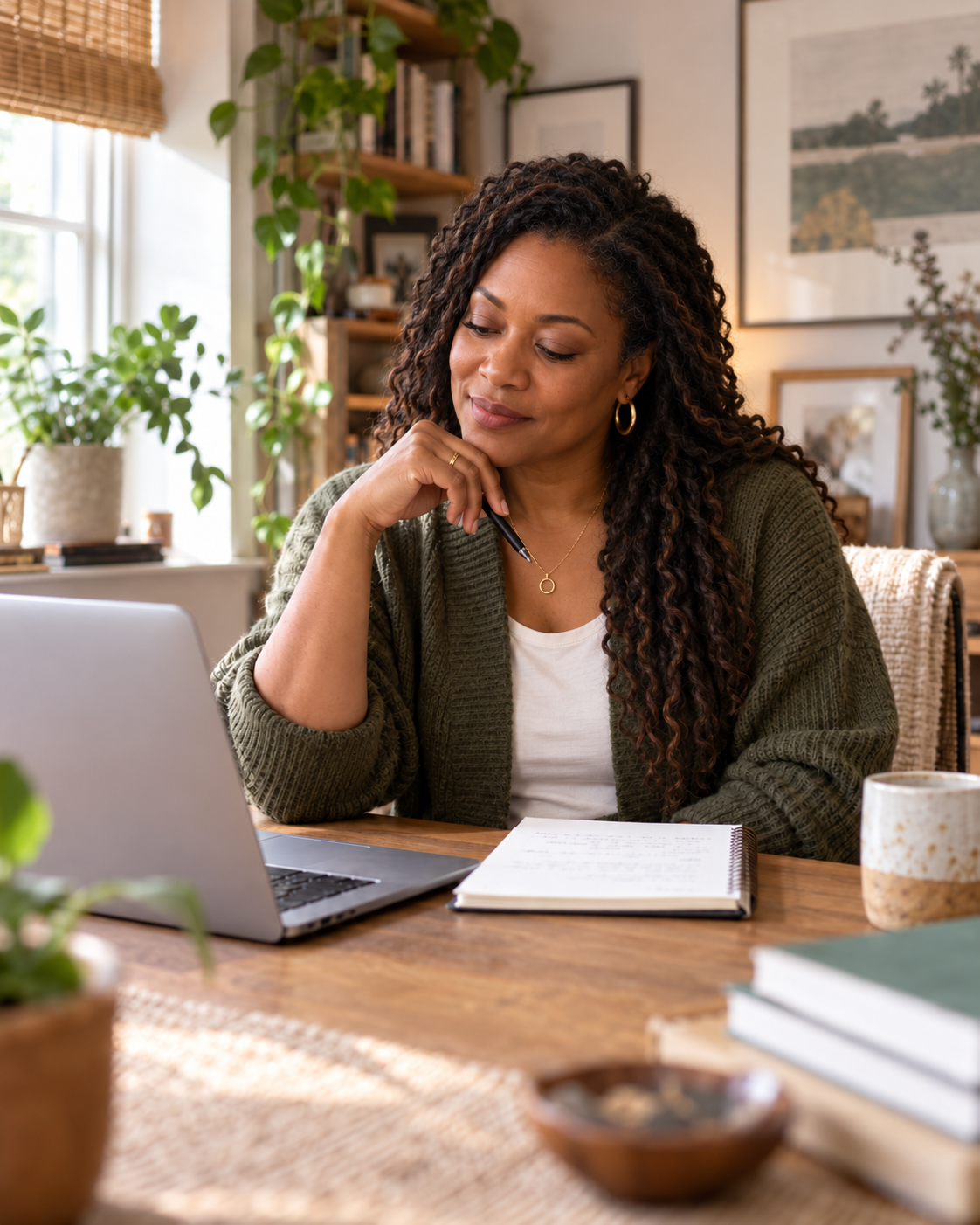 A person sitting at a sunlit wooden desk in a home office, pen in hand, looking thoughtfully at an open laptop beside a notebook and a mug of coffee.