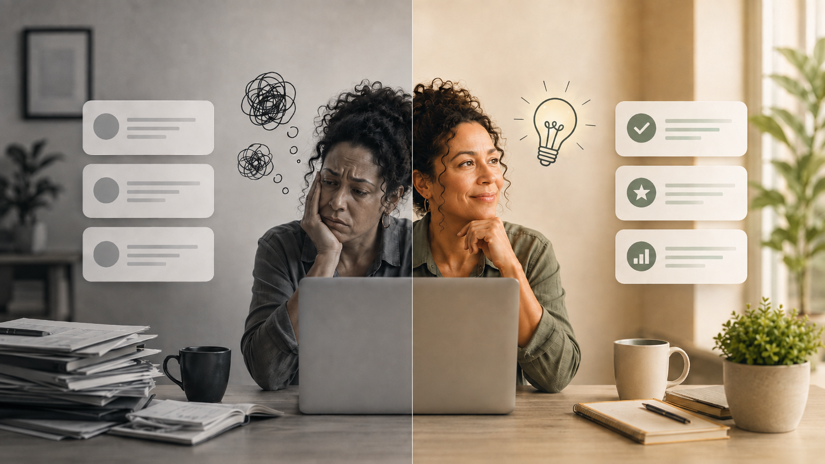 A split-screen illustration: on the left, a woman sits stressed and overwhelmed amid cluttered papers in grayscale; on the right, the same woman sits calm and clear-eyed at a tidy desk in warm color, with a glowing lightbulb above her head.