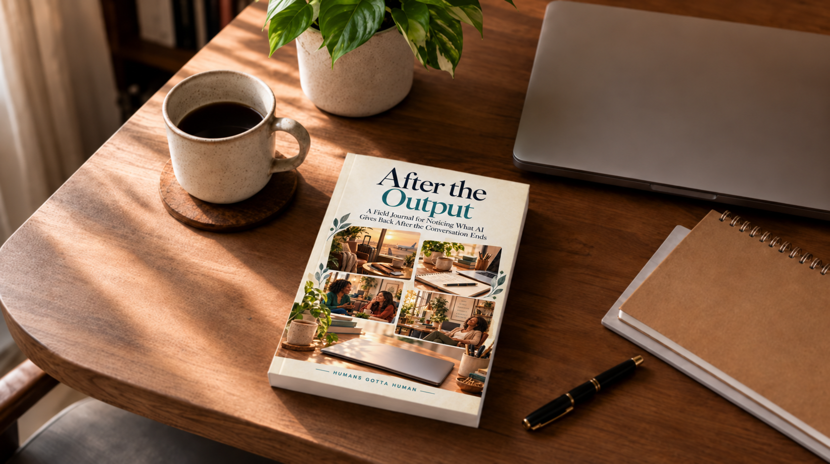 The After the Output field journal on a sunlit wooden desk with a cup of coffee, a plant, a closed laptop and a notebook