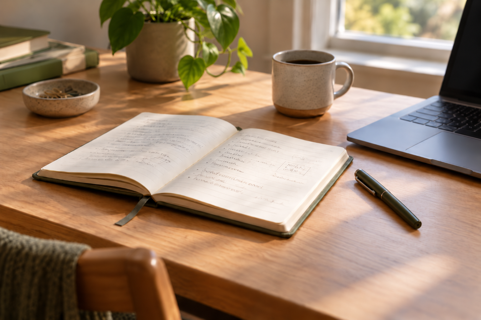 An open dark-green journal of handwritten notes and an olive pen on a sunlit wooden desk, beside a laptop, a mug of coffee, a potted plant, and a stack of books.