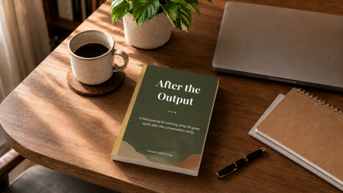 The After the Output journal closed on a wooden desk beside a cup of coffee