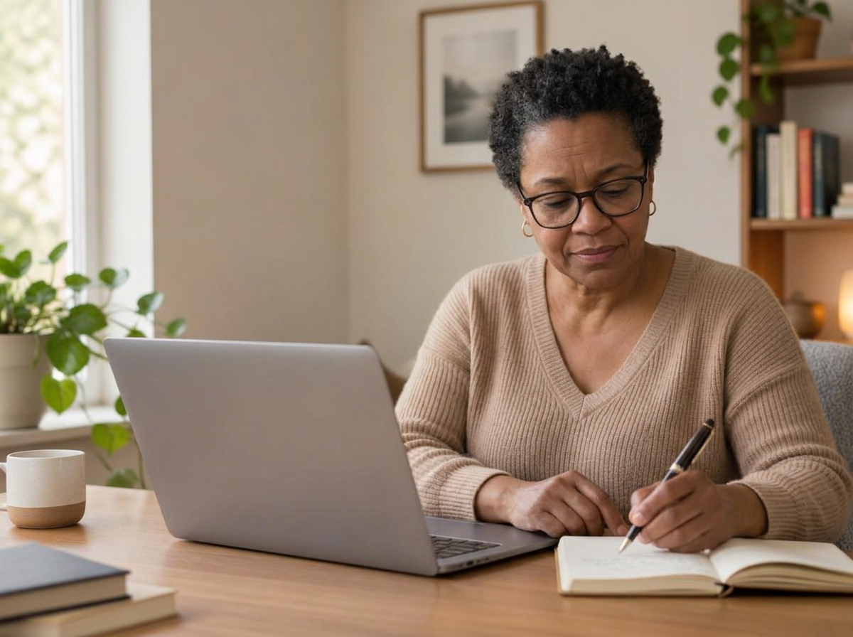 The same woman at the same desk, pausing to jot a note in a notebook beside her laptop with a calm, focused expression.