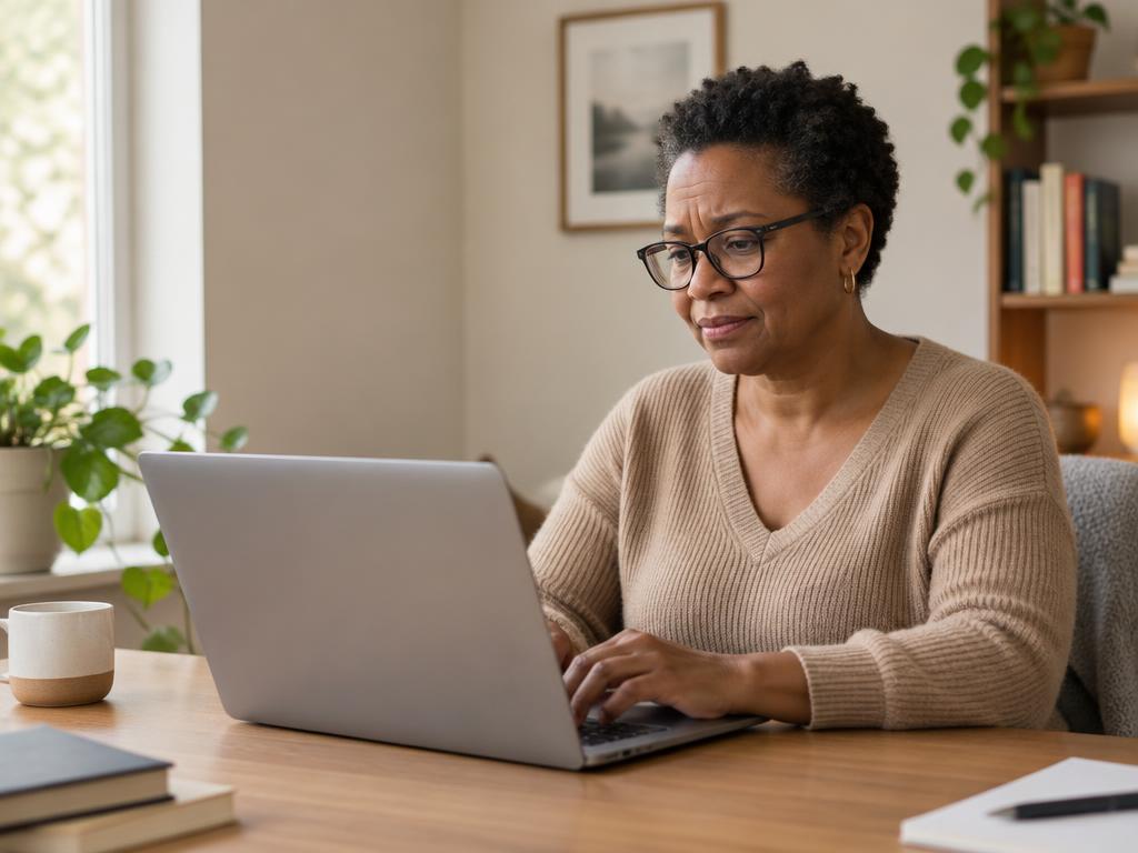A woman at her laptop in her home workspace, mid-typing, with a mildly frustrated expression as she rewrites her request.
